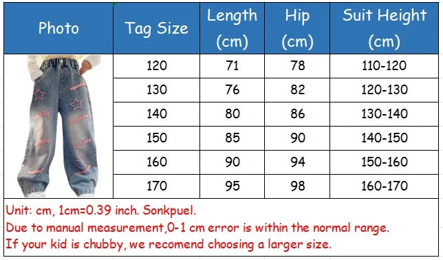 New 2024 Spring Teenagen Girls Jeans Stars Love Towel Embroidered wide Leg Long pants Baggy Denim Trousers for 4-13yrs Kids Girl