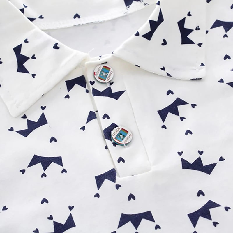 2Pcs Children Clothing for Boy 1-4Y Crown Print Shirt+Jeans Short Summer Cotton Soft Kids Set Toddler Casual Outing Fashion Suit