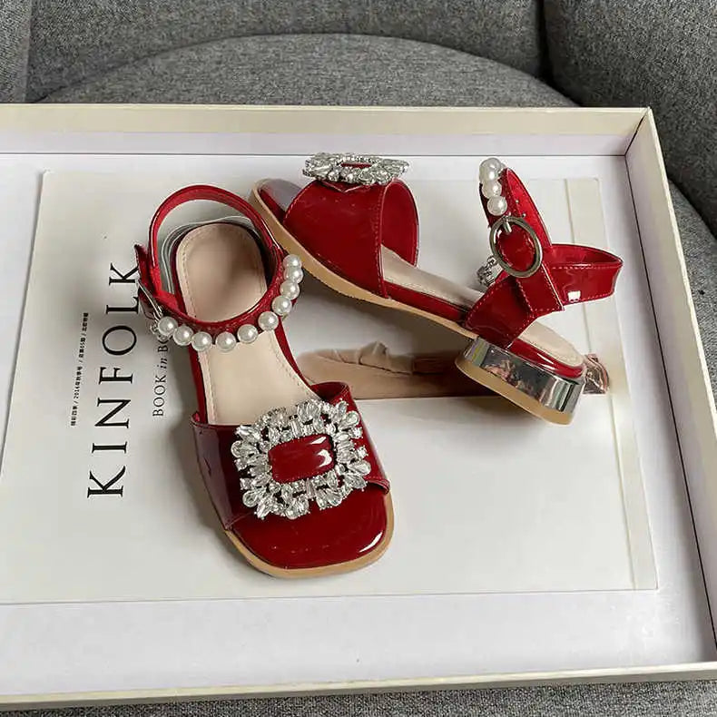 Girl's Sandals Crystal Beading Elegant Patent Leather Children Sliders Open Toe Low Heel Solid Color 26-36 Kids Summer Shoes