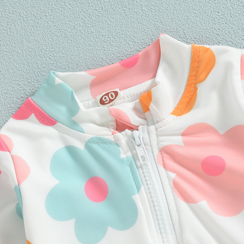 Kids Baby Girl Swimsuits Summer Floral Long Sleeve Zipper Ruffles Jumpsuit Swimwear Beachwear Bathing Suits