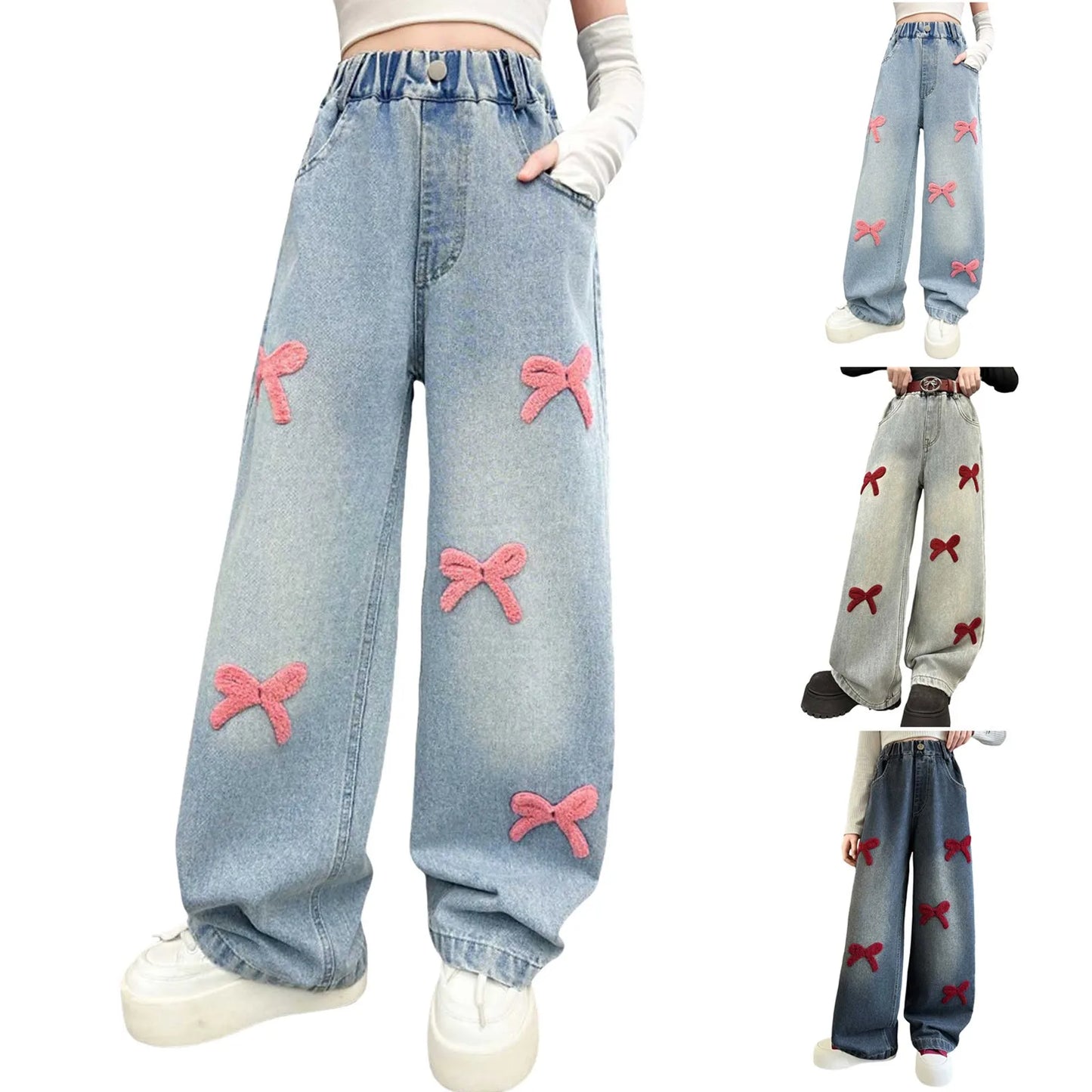 2t Girl Clothes Girls Jeans Streetwear Denim Cargo Pants High Waist Floor Length Baggy Wide Leg Jeans Snow Pants Big Girls
