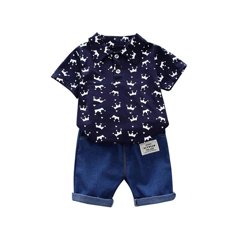 2Pcs Children Clothing for Boy 1-4Y Crown Print Shirt+Jeans Short Summer Cotton Soft Kids Set Toddler Casual Outing Fashion Suit