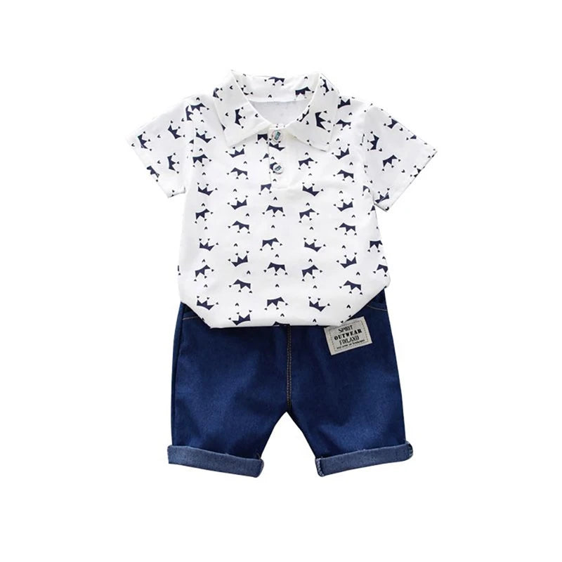 2Pcs Children Clothing for Boy 1-4Y Crown Print Shirt+Jeans Short Summer Cotton Soft Kids Set Toddler Casual Outing Fashion Suit