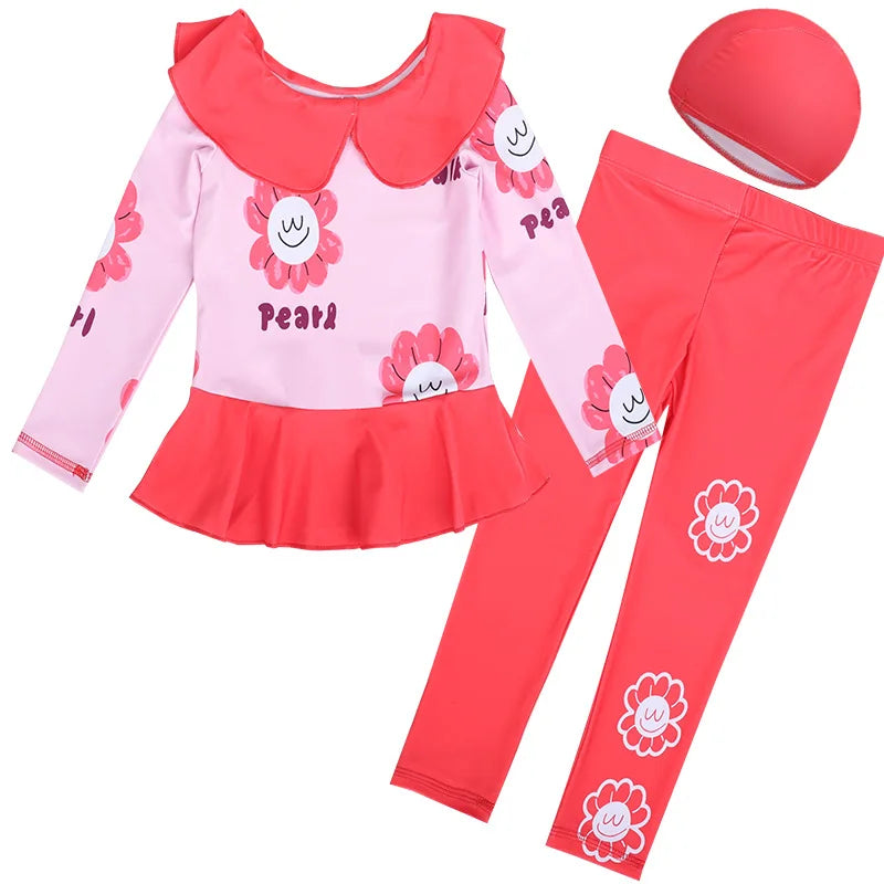 Children's Swimsuit 3-piece Suit Swimwear Girls Cute Flower Sun Protection Long Sleeve Kids' Beach Swimsuit with Swimming Cap