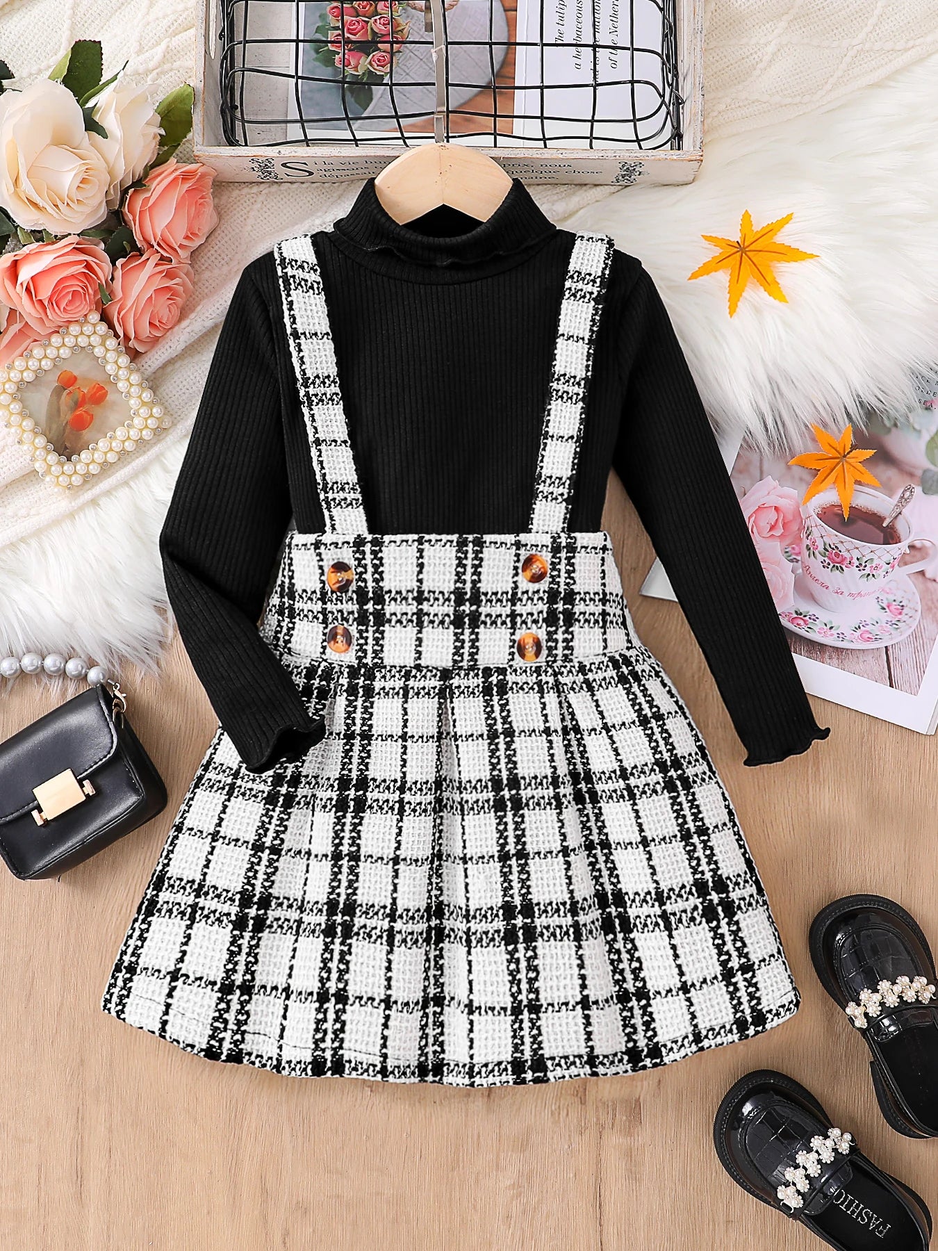 Children's clothing, girls' autumn fashion dress 2-piece set, black high neck knitted long sleeved+white checkered skirt