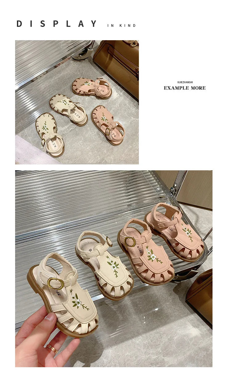 Toddler Girl's Sandals Flower Cut-outs Beige Brown Lovely Children Sliders Summer 21-30 Beautiful Breathable Non-slip Kids Shoes