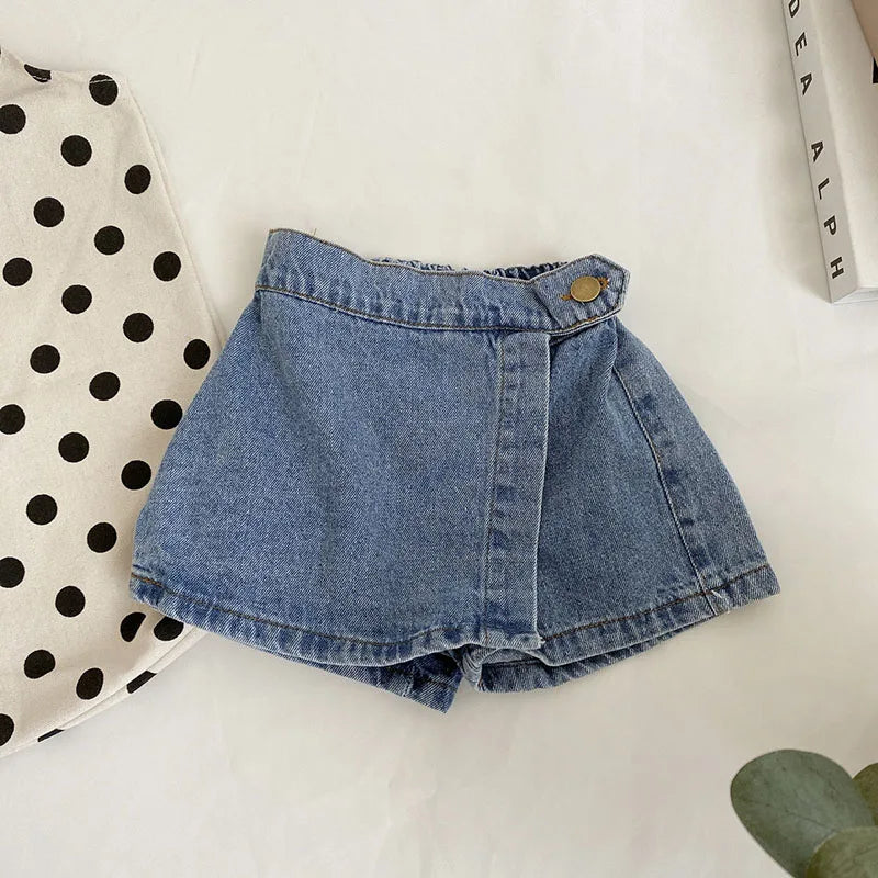 Korean Fashion New Summer Kids Girl Skirt Shorts Solid Elastic Waist Button Soft Denim Culotte Children Versatile Clothing