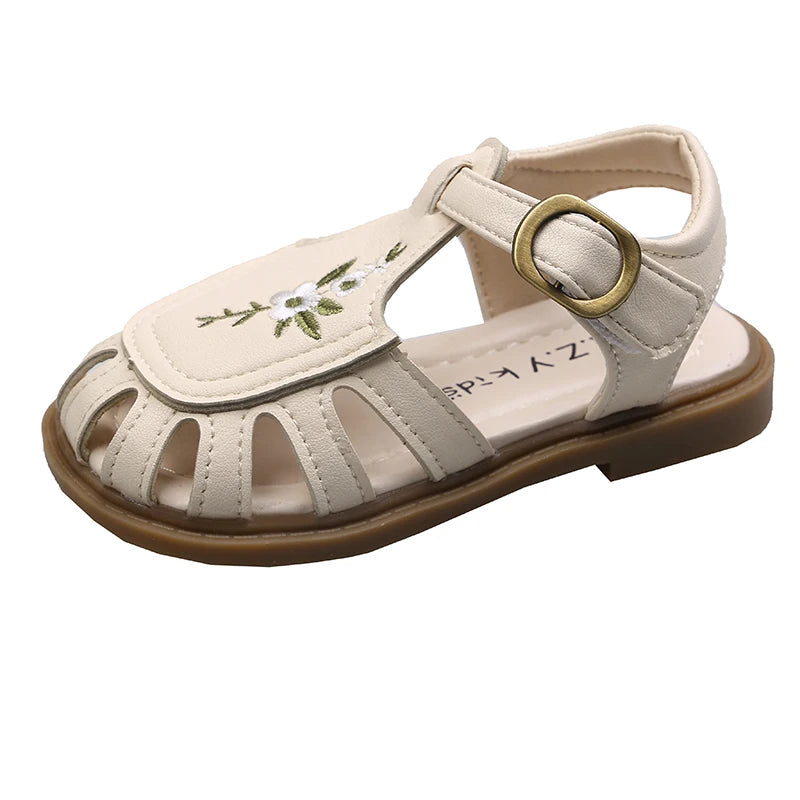 Toddler Girl's Sandals Flower Cut-outs Beige Brown Lovely Children Sliders Summer 21-30 Beautiful Breathable Non-slip Kids Shoes