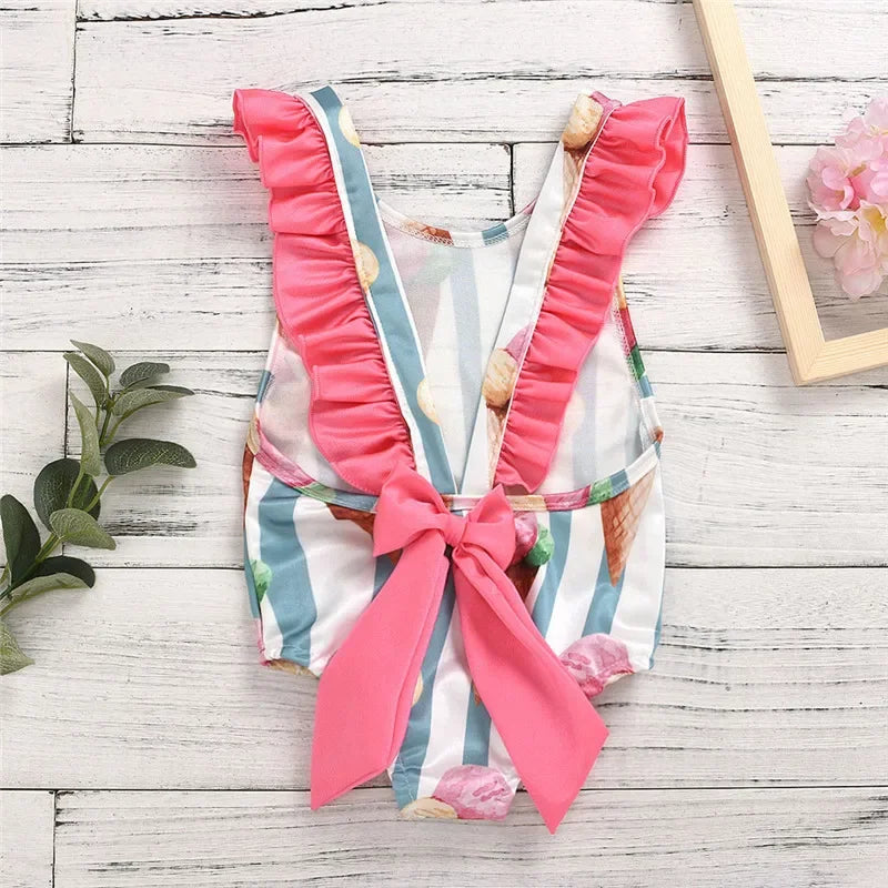 Swimsuit for Kids Girls 2024 Summer New Girls Swimsuit Beach Hot Spring Vacation Style Floral Striped Sling One-Piece Swimsuit