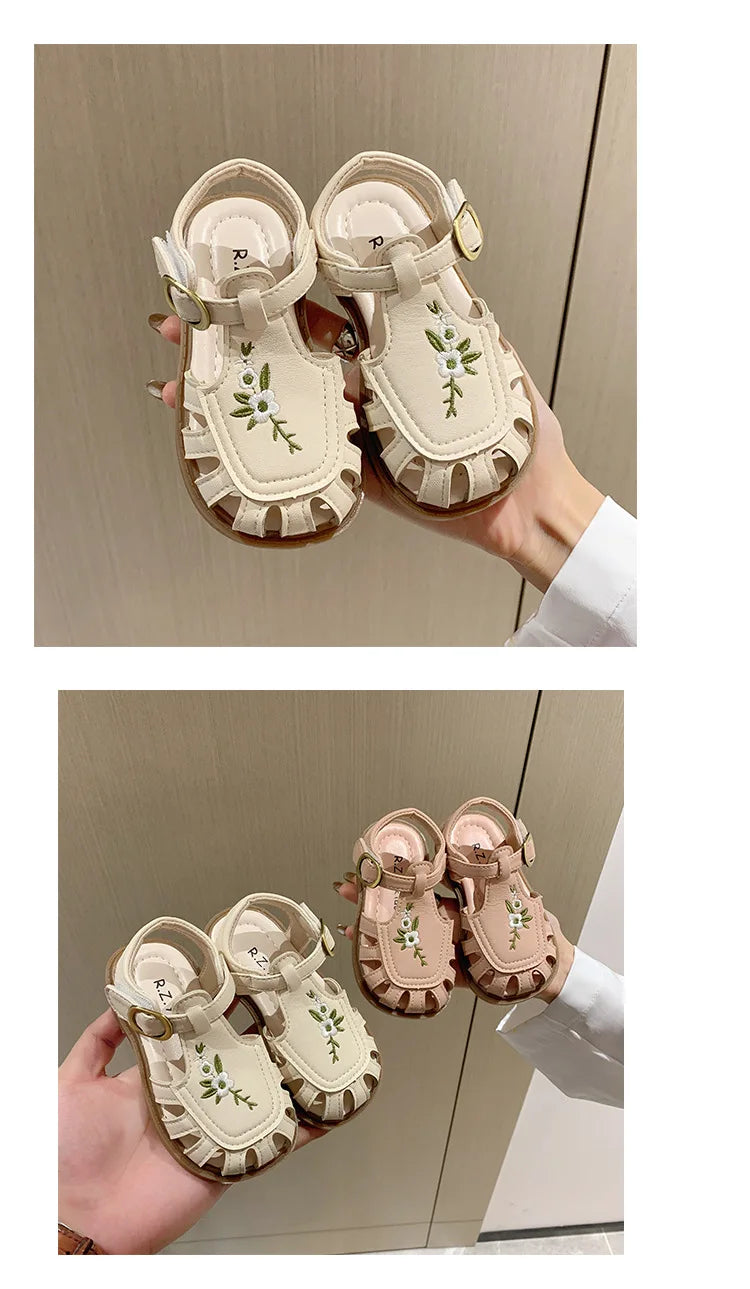 Toddler Girl's Sandals Flower Cut-outs Beige Brown Lovely Children Sliders Summer 21-30 Beautiful Breathable Non-slip Kids Shoes