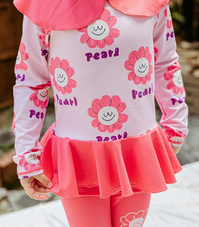 Children's Swimsuit 3-piece Suit Swimwear Girls Cute Flower Sun Protection Long Sleeve Kids' Beach Swimsuit with Swimming Cap