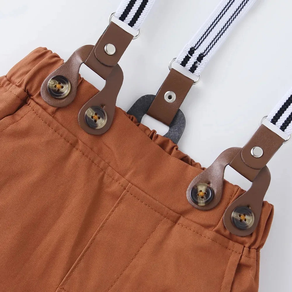 Boy Wedding Clothing Set Solid Cotton Shirt with Pants Kid Suspender suit 1 2 3 4 5 6Years Fall Birthday Costume Gentleman Child