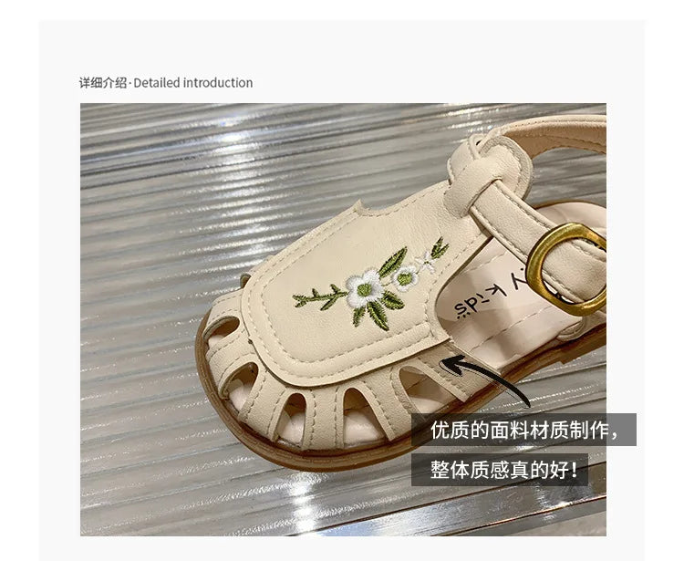 Toddler Girl's Sandals Flower Cut-outs Beige Brown Lovely Children Sliders Summer 21-30 Beautiful Breathable Non-slip Kids Shoes
