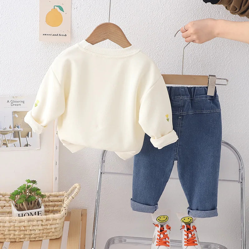 Child wear suit Spring Autumn Korean version girls Sweet and lovely casual sweatshirt top +denim trousers 0-5 Age Kids clothing