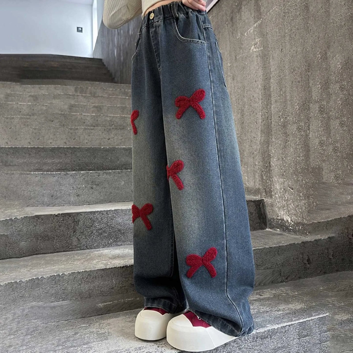 2t Girl Clothes Girls Jeans Streetwear Denim Cargo Pants High Waist Floor Length Baggy Wide Leg Jeans Snow Pants Big Girls