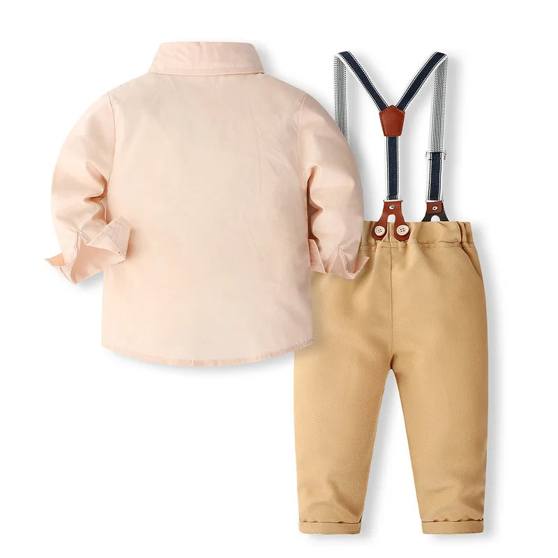 Spring Toddler Boy Outfits Korean Fashion Gentleman Cotton Long Sleeve Shirt+Pants+Straps+Tie Kids Boutique Clothes Sets BC521