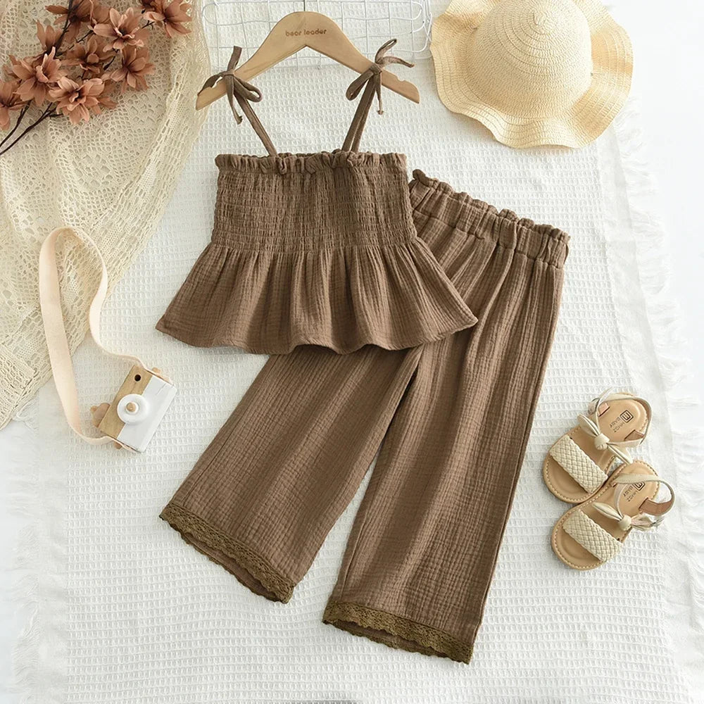 Korean Children Kids Clothing Set Girls Summer Organic Cotton Camisole Top Lace Wide Leg Pants Trousers Outfits