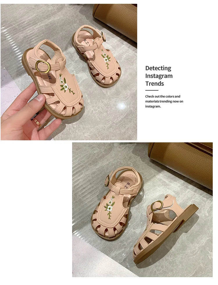 Toddler Girl's Sandals Flower Cut-outs Beige Brown Lovely Children Sliders Summer 21-30 Beautiful Breathable Non-slip Kids Shoes