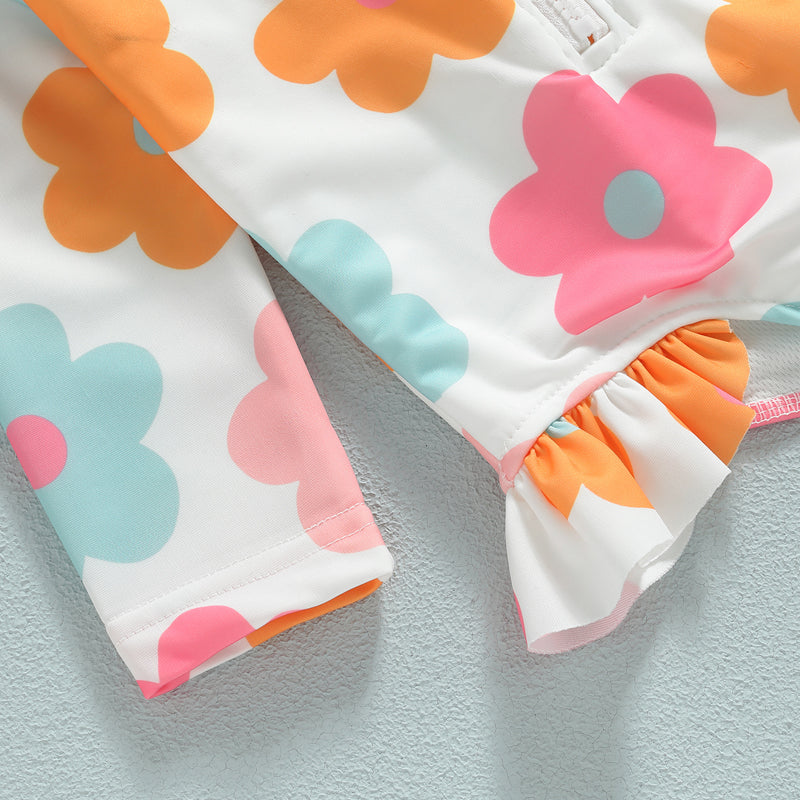 Kids Baby Girl Swimsuits Summer Floral Long Sleeve Zipper Ruffles Jumpsuit Swimwear Beachwear Bathing Suits