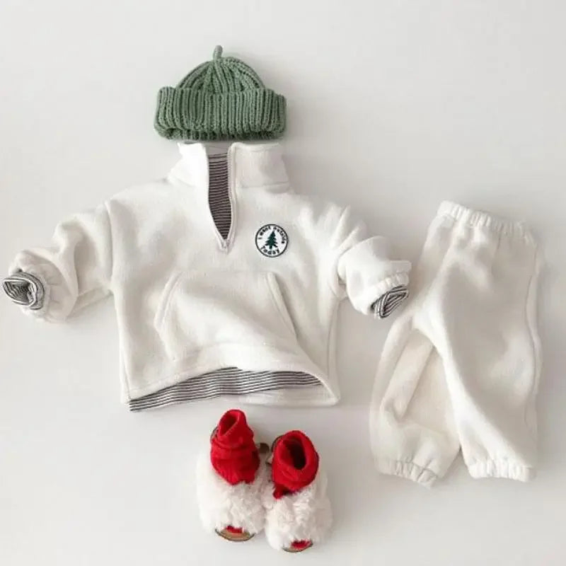 Baby Boys Clothing Sets Children Thicken Sweatshirt Kids Clothes Girls Solid Cotton Long Sleeve Pullover Tops+ Pant Suits 2pcs