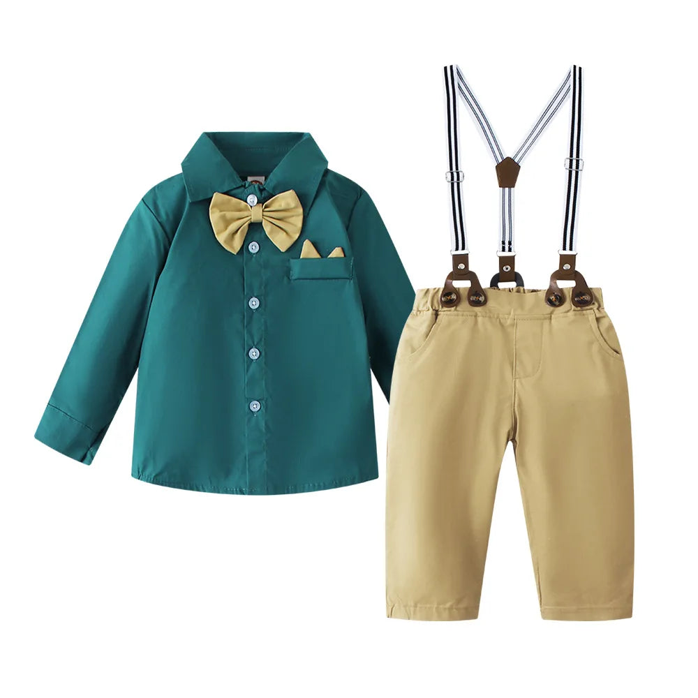 Boy Wedding Clothing Set Solid Cotton Shirt with Pants Kid Suspender suit 1 2 3 4 5 6Years Fall Birthday Costume Gentleman Child