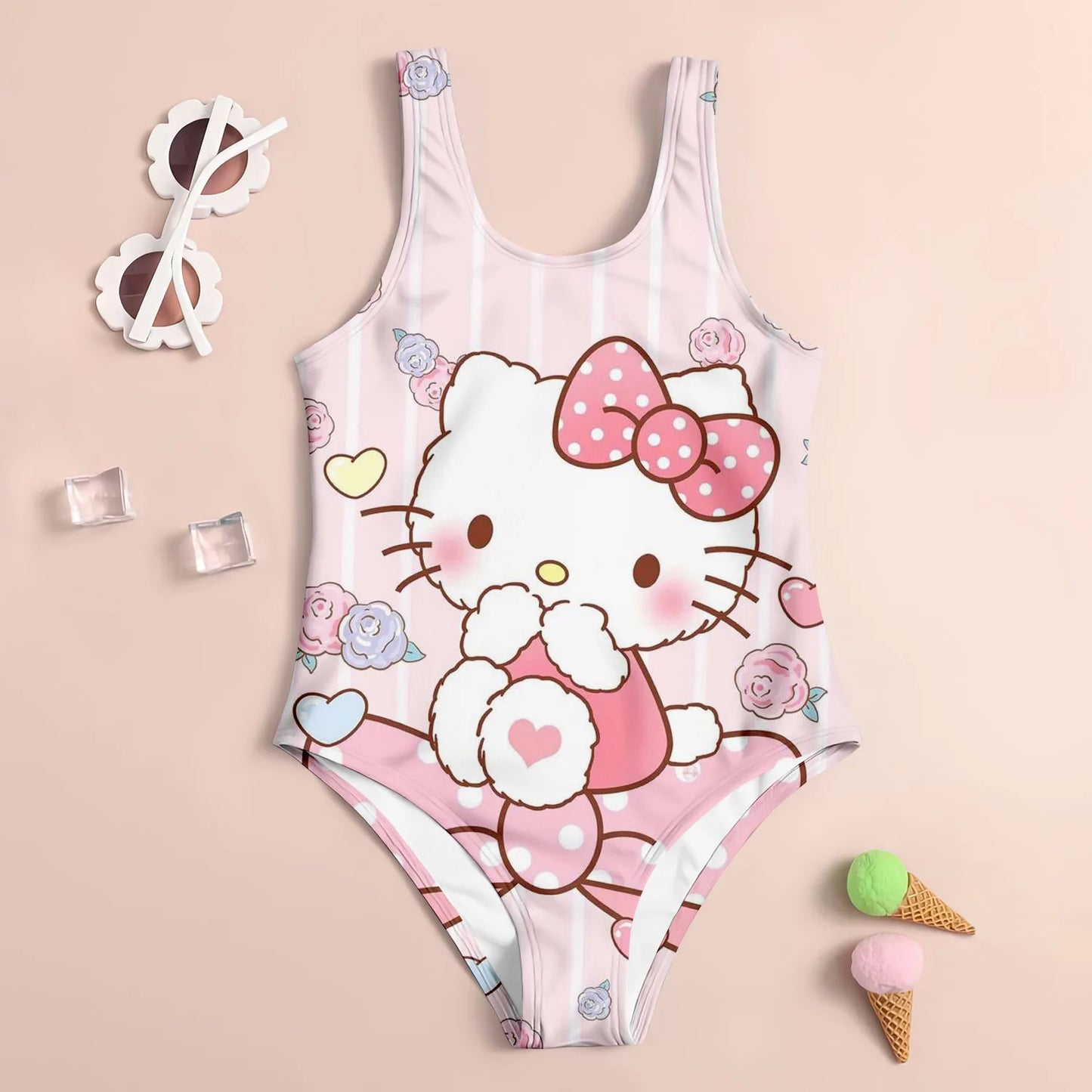 Kids set swimsuit 3D hello kitty printed pattern printed girl's swimsuit - suitable for summer beach vacation swimming