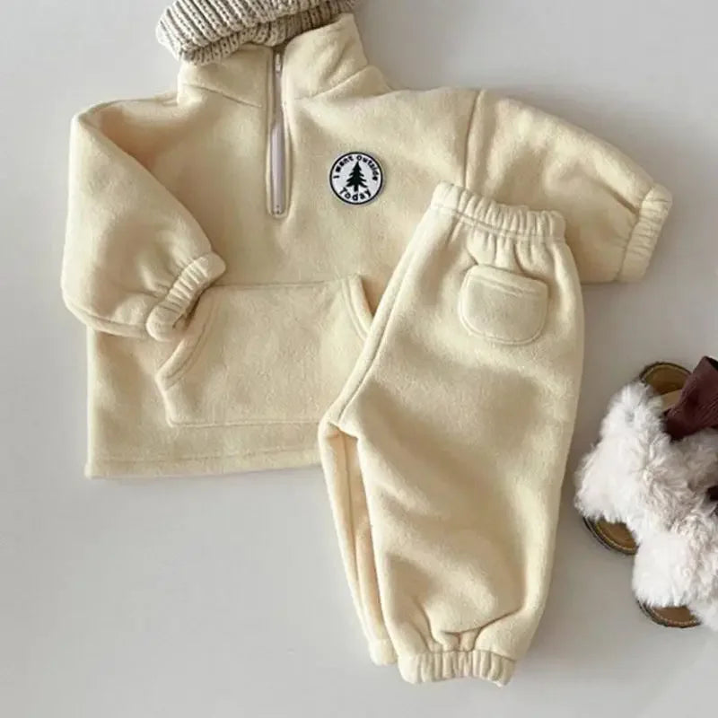 Baby Boys Clothing Sets Children Thicken Sweatshirt Kids Clothes Girls Solid Cotton Long Sleeve Pullover Tops+ Pant Suits 2pcs