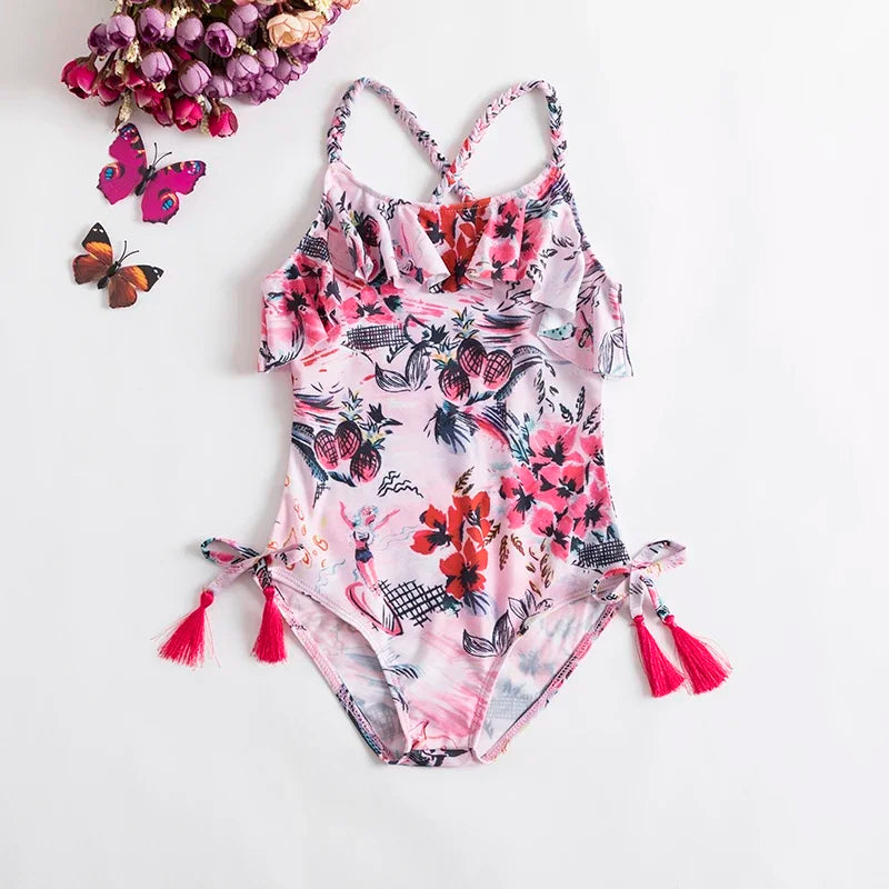 Swimsuit for Kids Girls 2024 Summer New Girls Swimsuit Beach Hot Spring Vacation Style Floral Striped Sling One-Piece Swimsuit