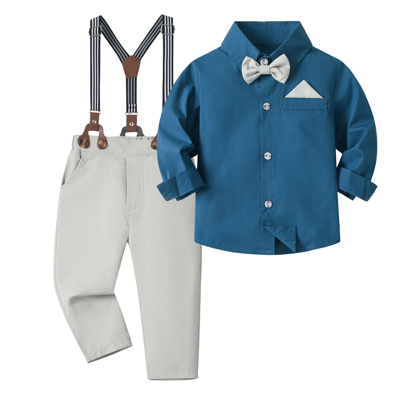 Boy Wedding Clothing Set Solid Cotton Shirt with Pants Kid Suspender suit 1 2 3 4 5 6Years Fall Birthday Costume Gentleman Child