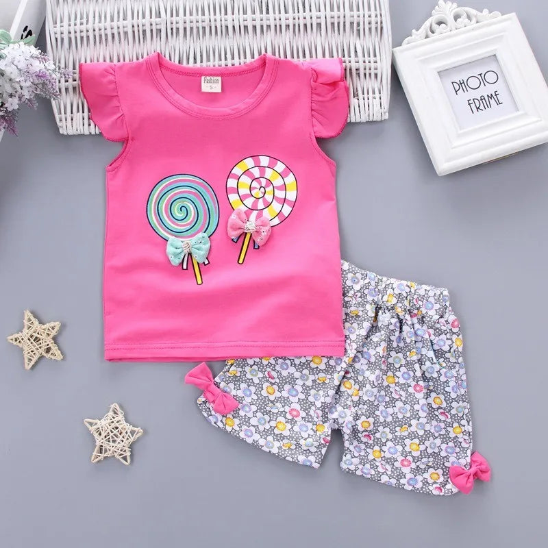 Baby Girls Clothes Sets for Kids T-shirt Tops+Short Pants Clothes Sets Toddler Girl Lollipop Printed Summer Infant Clothing Sets