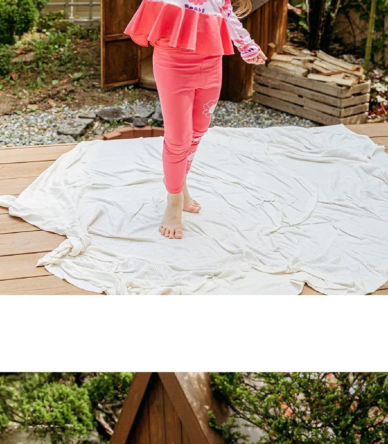 Children's Swimsuit 3-piece Suit Swimwear Girls Cute Flower Sun Protection Long Sleeve Kids' Beach Swimsuit with Swimming Cap