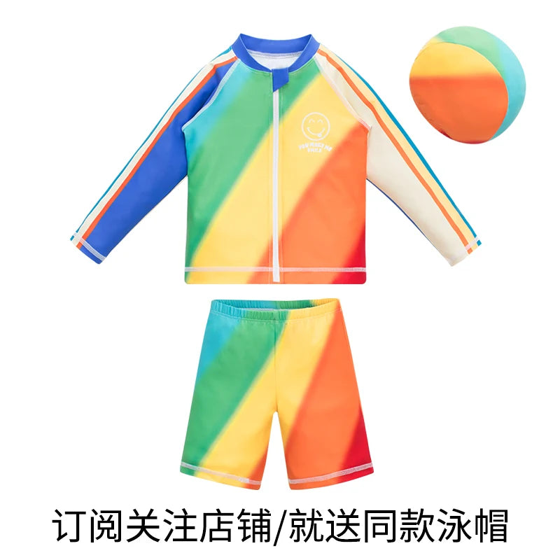 Children's Swimsuit Boys 2024 New Boys Beach Sun Protection Long-Sleeved Split Medium and Large Kidsren's Full Body Swimsuit
