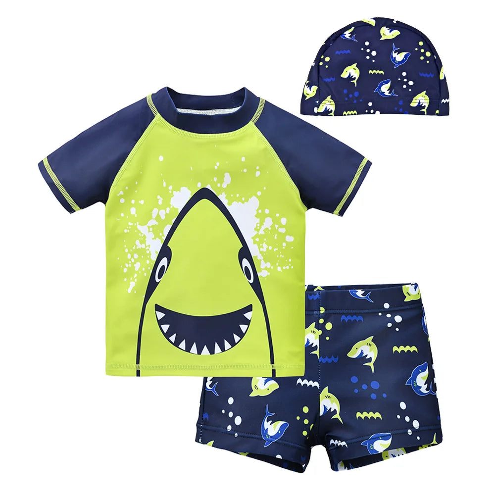 Summer Children Swimsuit Boys With Shorts Shark Printing Kids Boy Sports Suit Hat Swimwear Kids Boardshort Praia Menino
