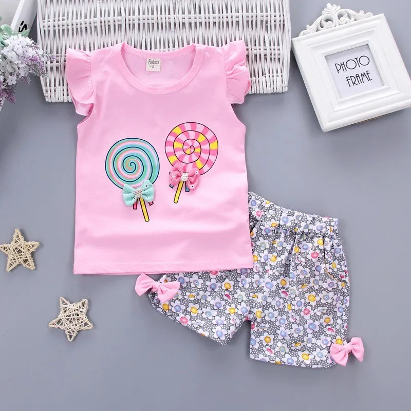 Baby Girls Clothes Sets for Kids T-shirt Tops+Short Pants Clothes Sets Toddler Girl Lollipop Printed Summer Infant Clothing Sets