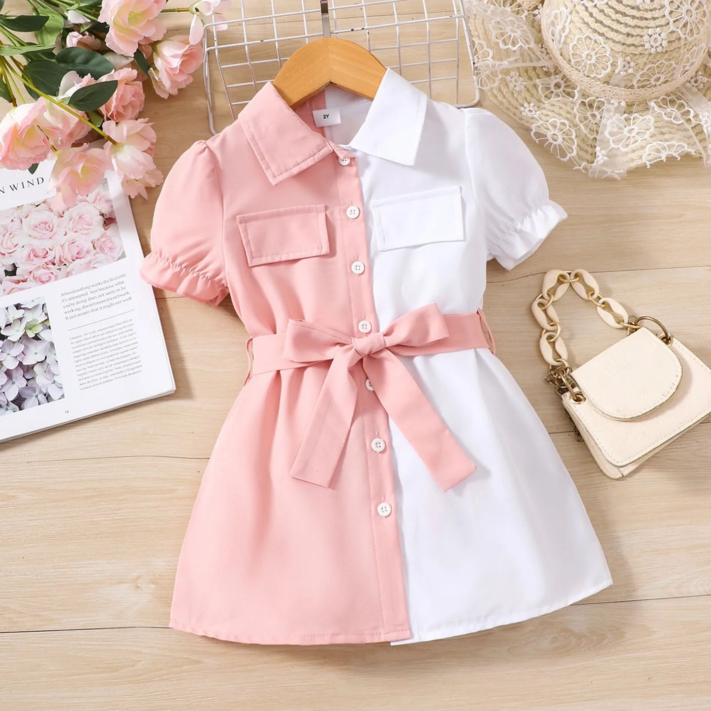 Girls Long Dress Infant Baby Summer Girls Dress Fashion Color Matching Pink And White Lapel Short платье для девочки нарядное