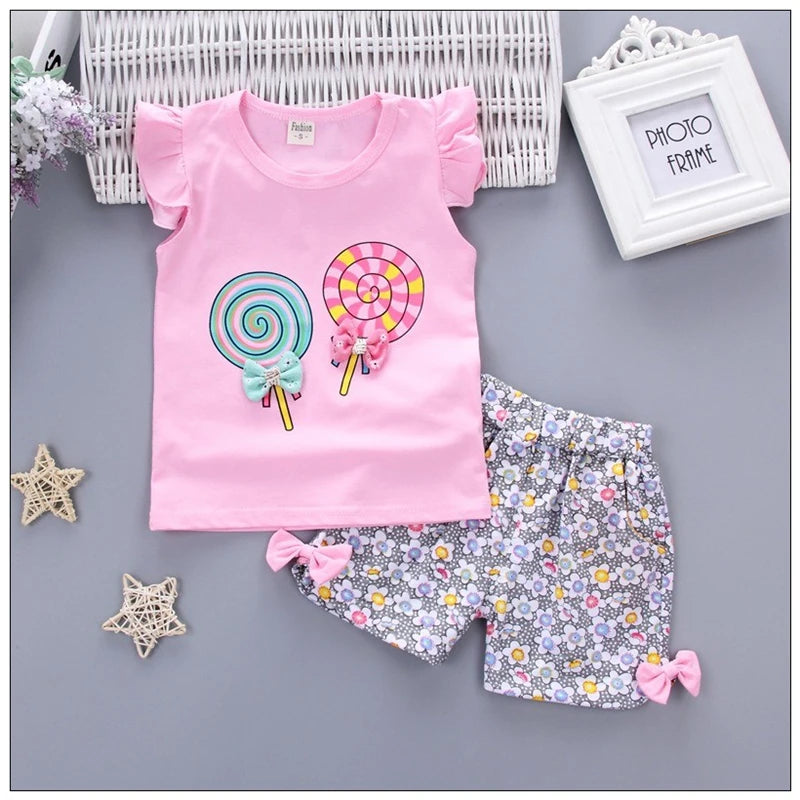 Baby Girls Clothes Sets for Kids T-shirt Tops+Short Pants Clothes Sets Toddler Girl Lollipop Printed Summer Infant Clothing Sets