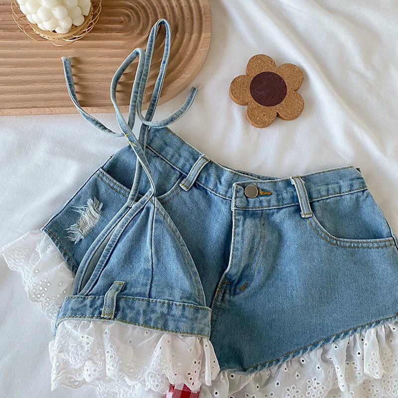 3-16years Teenage Girls Summer Clothes Sets Sleeveless Denim Crop Shirts+Jeans Shorts Pants Toddler Kids Clothing Suits For Girl