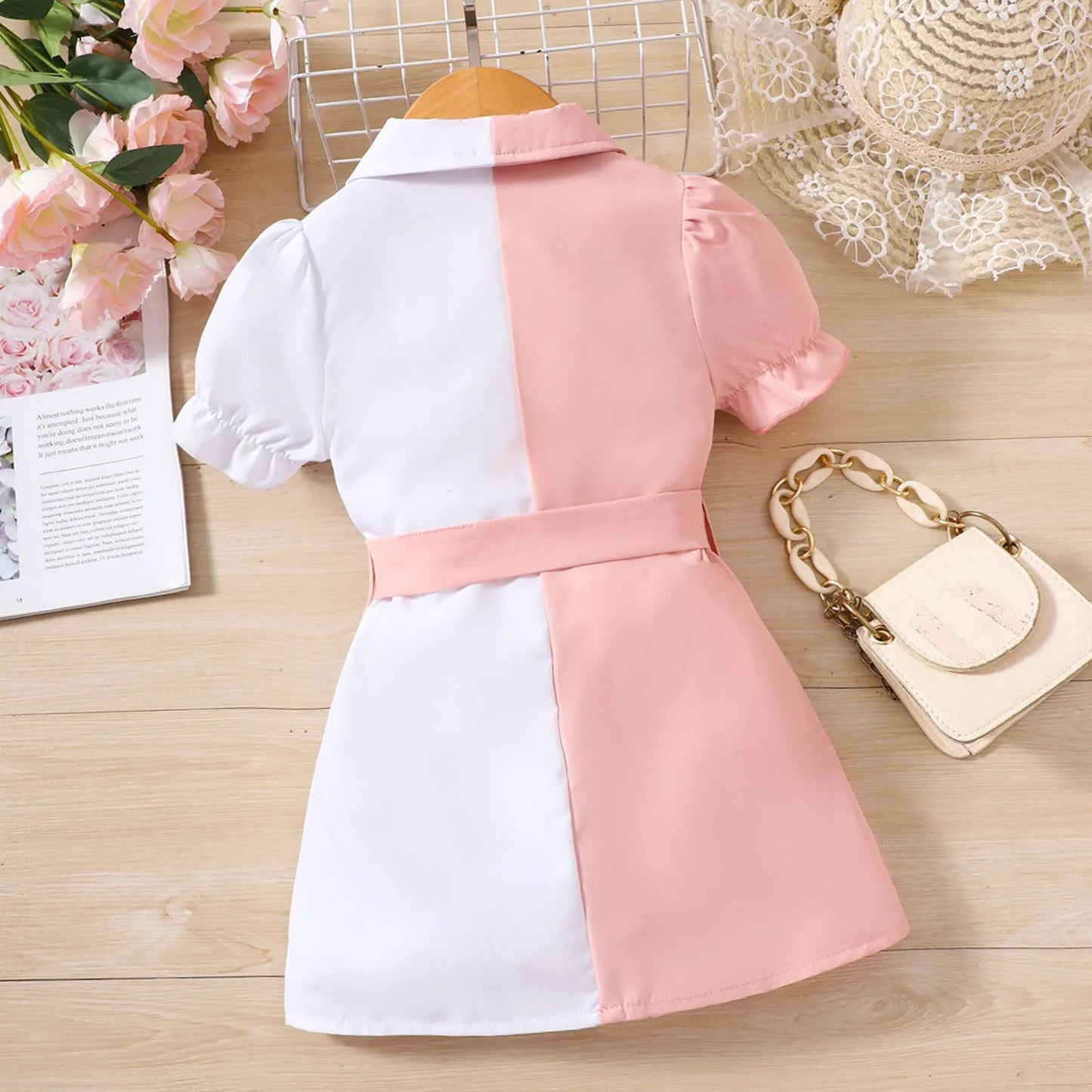 Girls Long Dress Infant Baby Summer Girls Dress Fashion Color Matching Pink And White Lapel Short платье для девочки нарядное