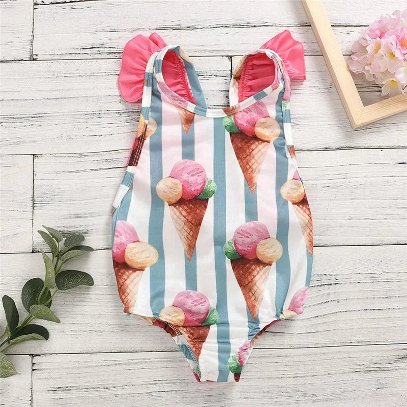 Swimsuit for Kids Girls 2024 Summer New Girls Swimsuit Beach Hot Spring Vacation Style Floral Striped Sling One-Piece Swimsuit