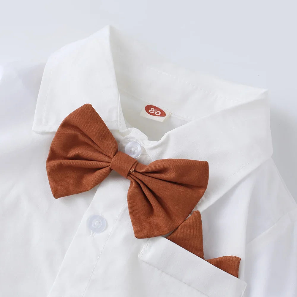 Boy Wedding Clothing Set Solid Cotton Shirt with Pants Kid Suspender suit 1 2 3 4 5 6Years Fall Birthday Costume Gentleman Child
