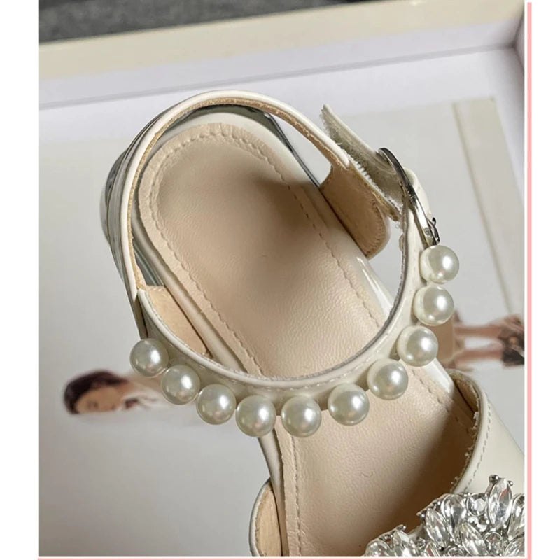 Girl's Sandals Crystal Beading Elegant Patent Leather Children Sliders Open Toe Low Heel Solid Color 26-36 Kids Summer Shoes