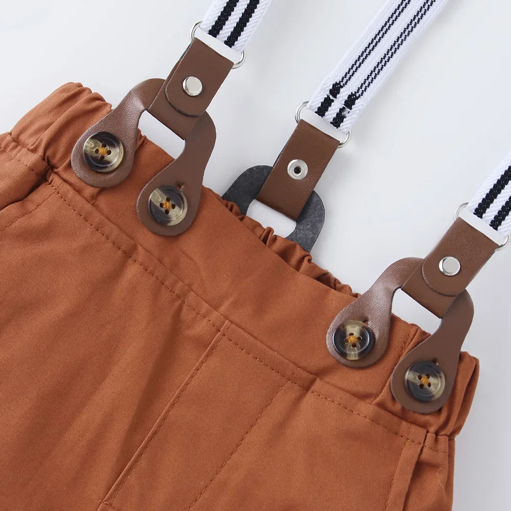 Boy Wedding Clothing Set Solid Cotton Shirt with Pants Kid Suspender suit 1 2 3 4 5 6Years Fall Birthday Costume Gentleman Child