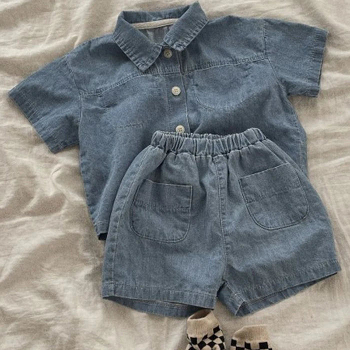 Korean Style 1-6Yrs Baby Boys Girl Clothes Set Cotton Linen Short Sleeved Cardigan+Shorts Kids Clothing Suit For Summer