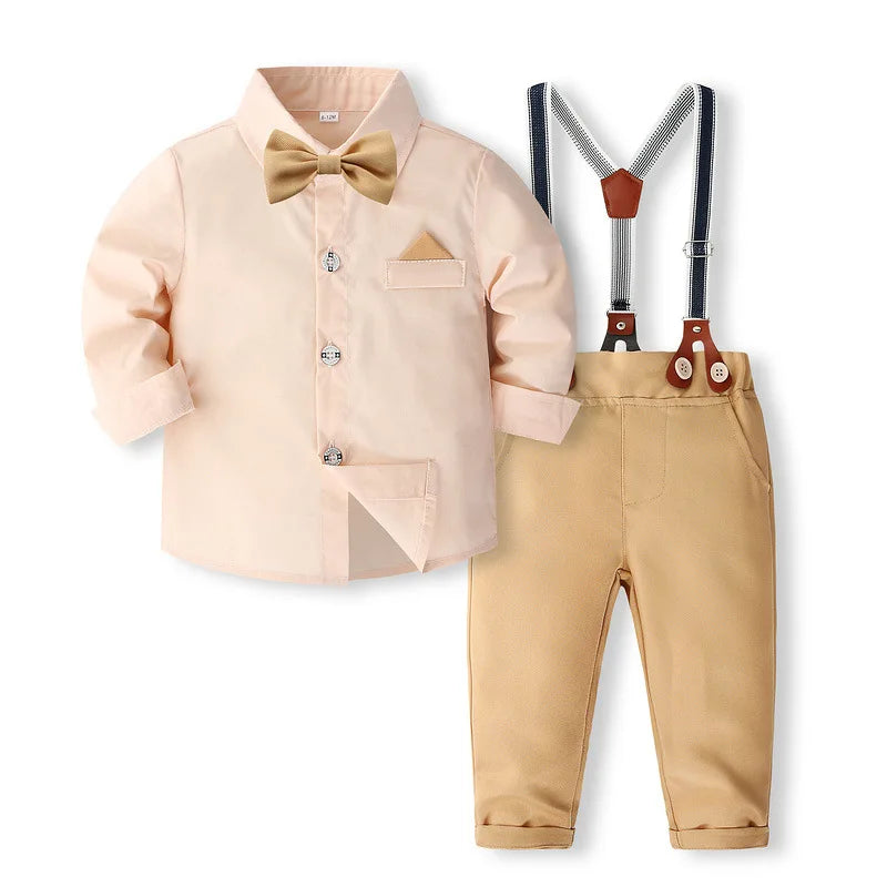 Spring Toddler Boy Outfits Korean Fashion Gentleman Cotton Long Sleeve Shirt+Pants+Straps+Tie Kids Boutique Clothes Sets BC521