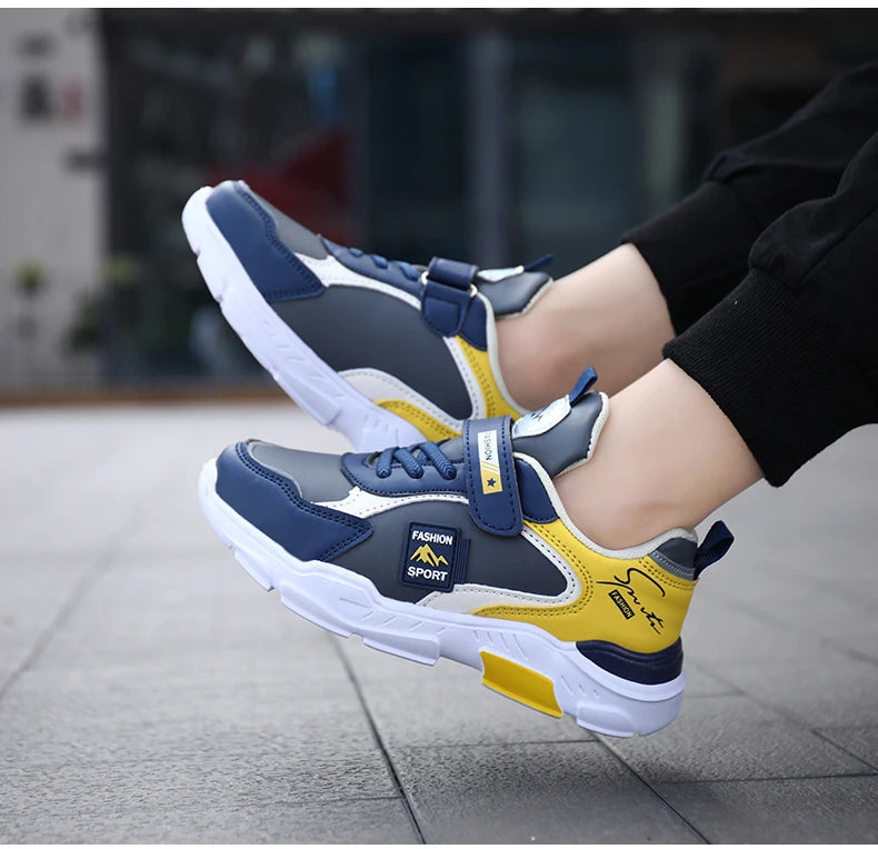 Kids Fashion Sport Casual Sneakers for Boys Leather Upper Children's Outdoor Lightweight Shock-Absorbing Running Shoes
