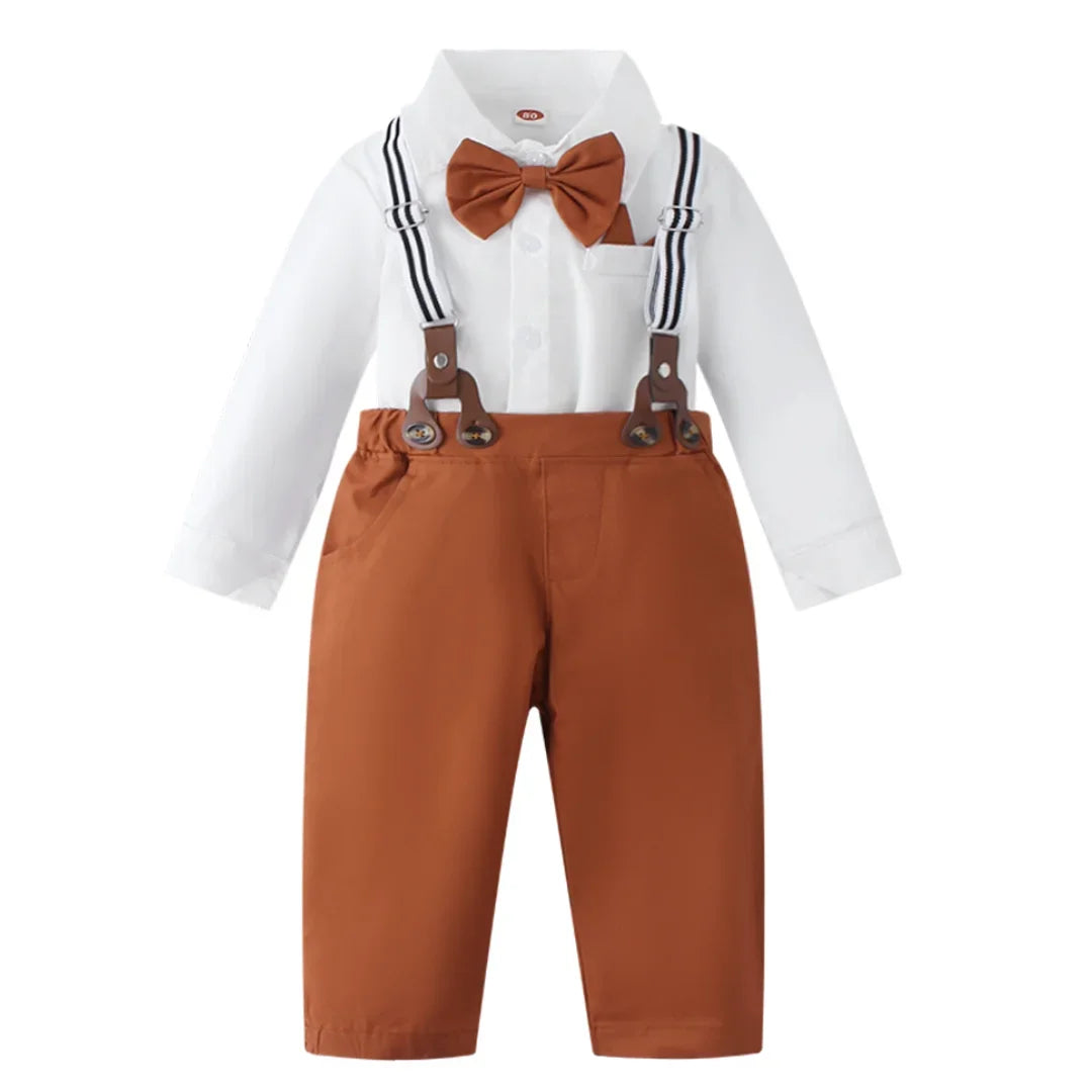 Boy Wedding Clothing Set Solid Cotton Shirt with Pants Kid Suspender suit 1 2 3 4 5 6Years Fall Birthday Costume Gentleman Child