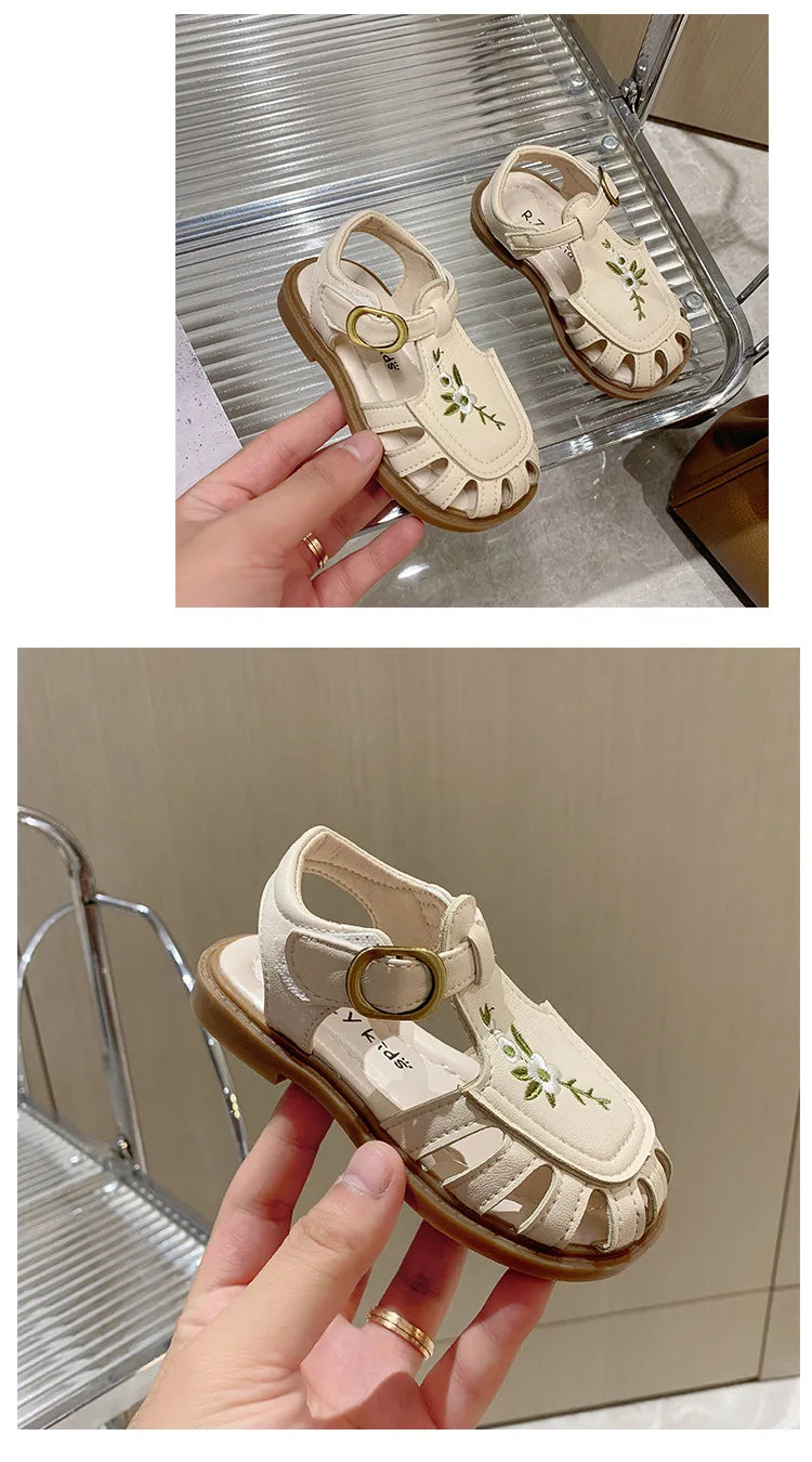 Toddler Girl's Sandals Flower Cut-outs Beige Brown Lovely Children Sliders Summer 21-30 Beautiful Breathable Non-slip Kids Shoes