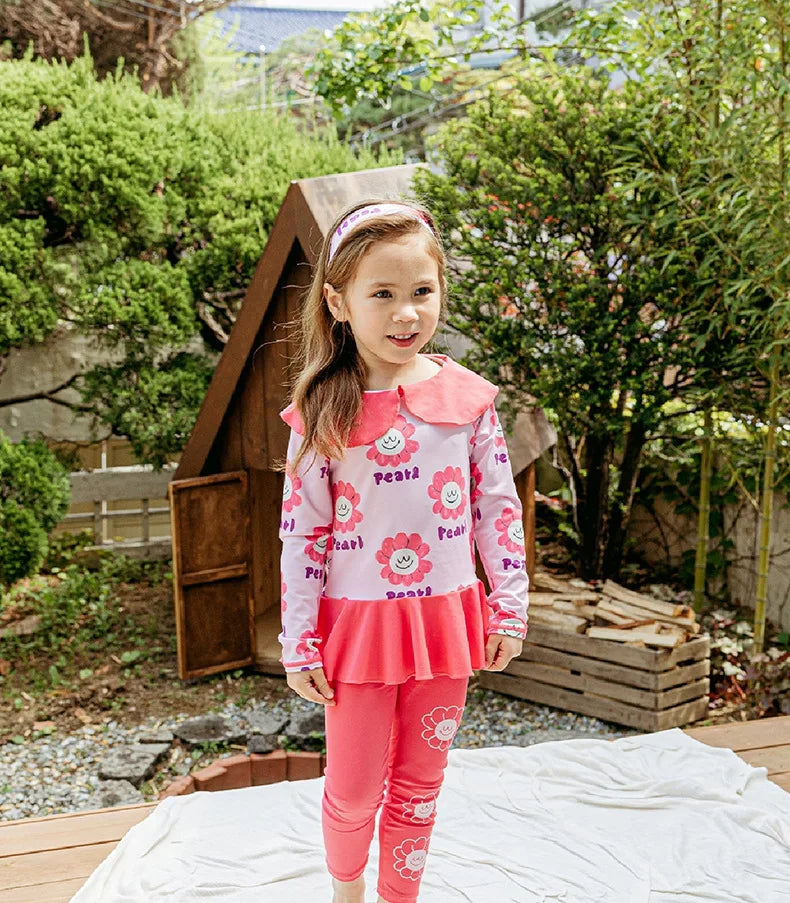 Children's Swimsuit 3-piece Suit Swimwear Girls Cute Flower Sun Protection Long Sleeve Kids' Beach Swimsuit with Swimming Cap