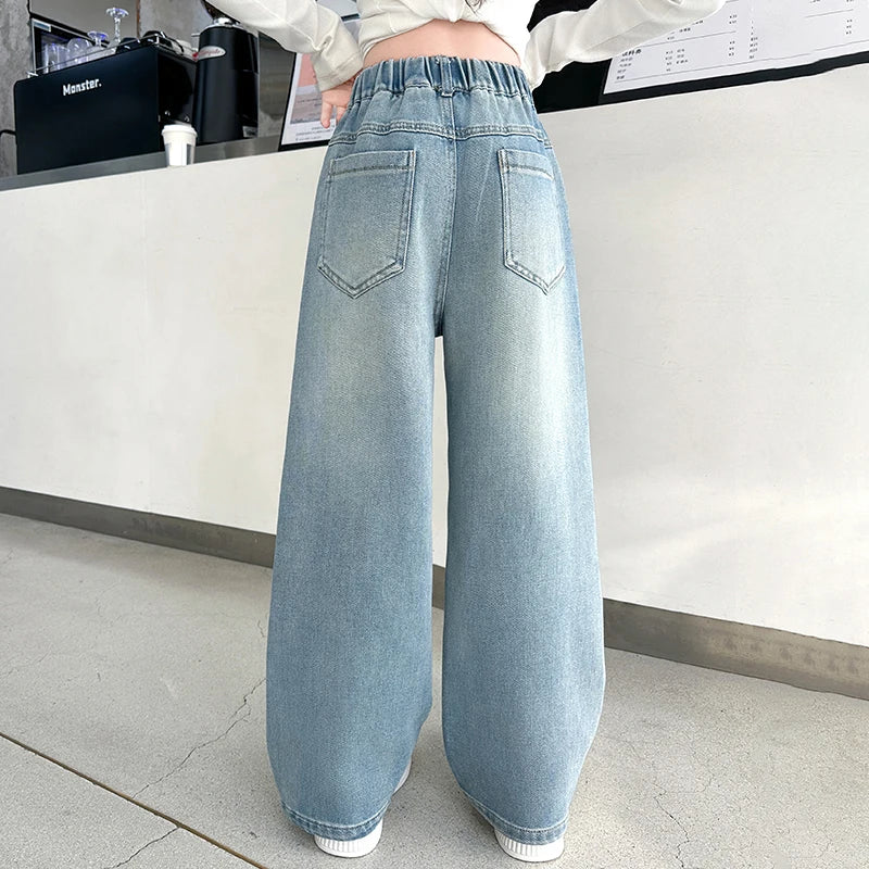 Girls versatile butterfly ripped  jeans wide-leg pants 2025 new product fashionable versatile medium and large children slimming