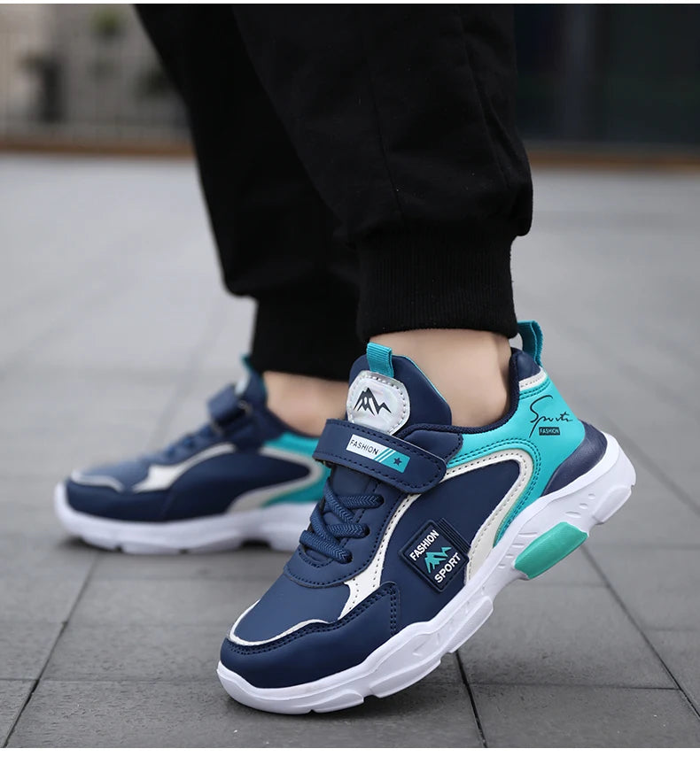 Kids Fashion Sport Casual Sneakers for Boys Leather Upper Children's Outdoor Lightweight Shock-Absorbing Running Shoes